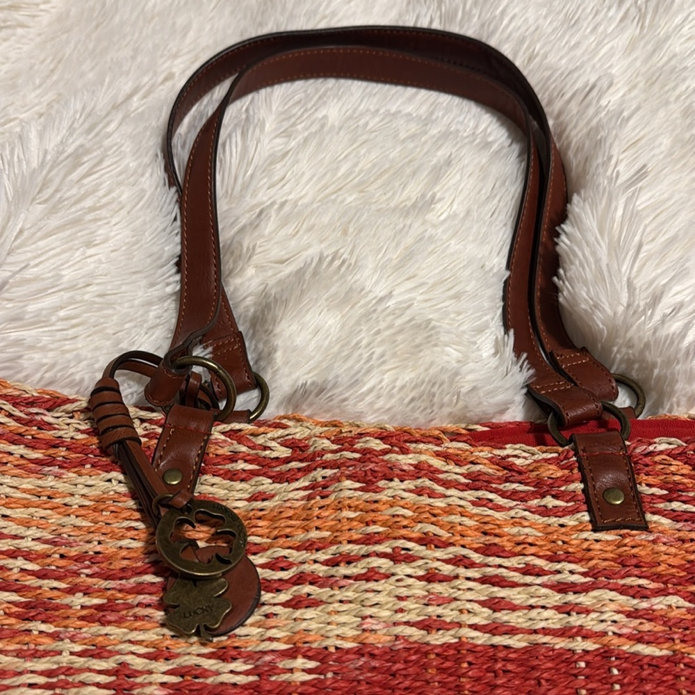 Lucky Brand ๐ Red, Orange, & Tan Woven Straw Tote Bag w/ Brown Handles Nโฆ - Picture 9 of 16